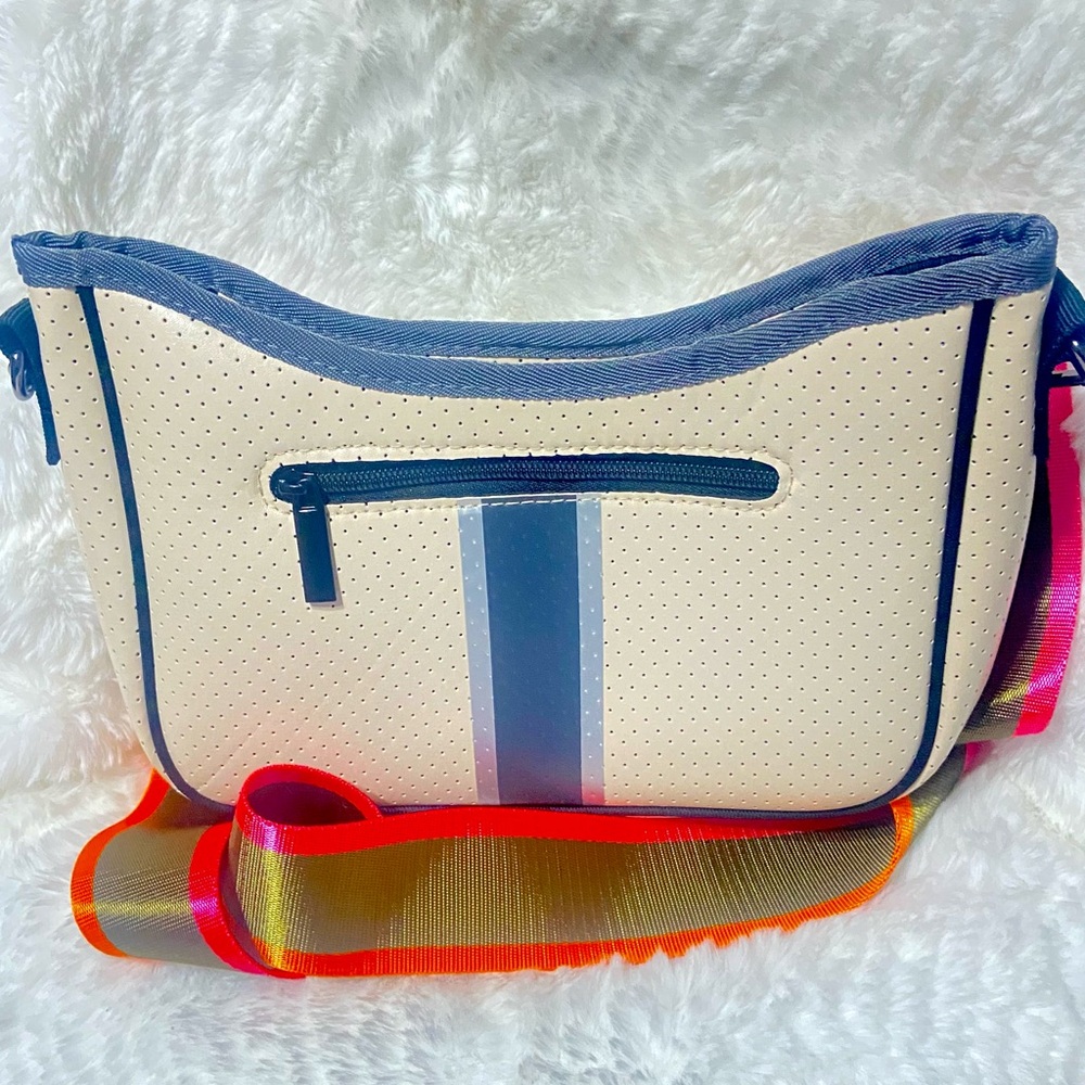 HAUTE SHORE Cream and Blue Crossbody Bag with Multicolor Strap